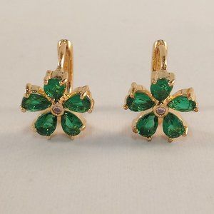 18K Yellow Gold Plated Flower Emerald Green Diamond Zircon Hoop Huggie Earrings